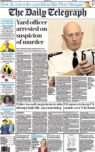 The Daily Telegraph Newspaper Front Page (UK) for 11 March 2021