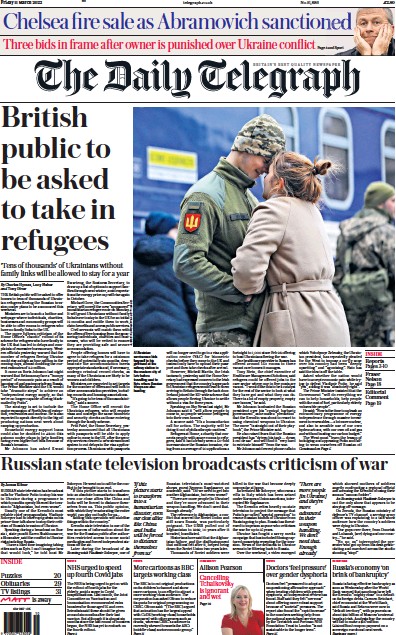 The Daily Telegraph Newspaper Front Page (UK) for 11 March 2022