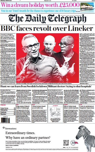 The Daily Telegraph Newspaper Front Page (UK) for 11 March 2023
