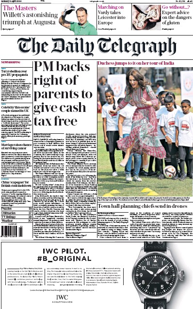 The Daily Telegraph Newspaper Front Page (UK) for 11 April 2016