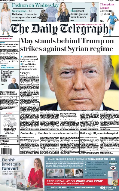 The Daily Telegraph Newspaper Front Page (UK) for 11 April 2018