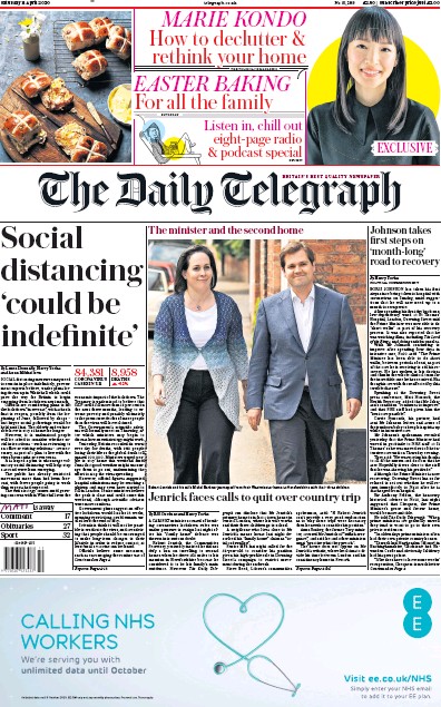 The Daily Telegraph Newspaper Front Page (UK) for 11 April 2020