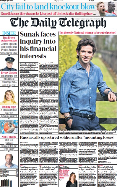 The Daily Telegraph Newspaper Front Page (UK) for 11 April 2022