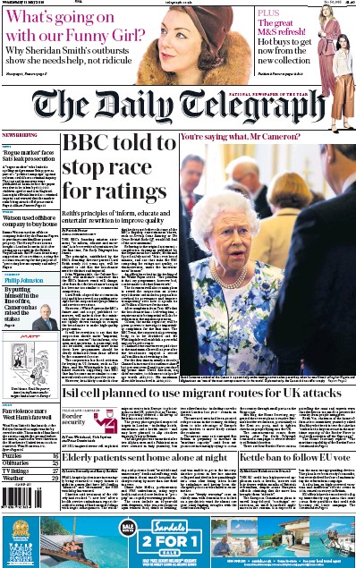 The Daily Telegraph Newspaper Front Page (UK) for 11 May 2016