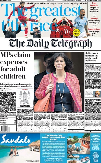 The Daily Telegraph Newspaper Front Page (UK) for 11 May 2019