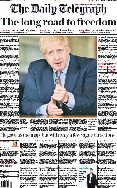 The Daily Telegraph Newspaper Front Page (UK) for 11 May 2020
