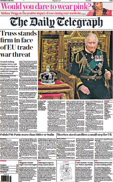 The Daily Telegraph Newspaper Front Page (UK) for 11 May 2022