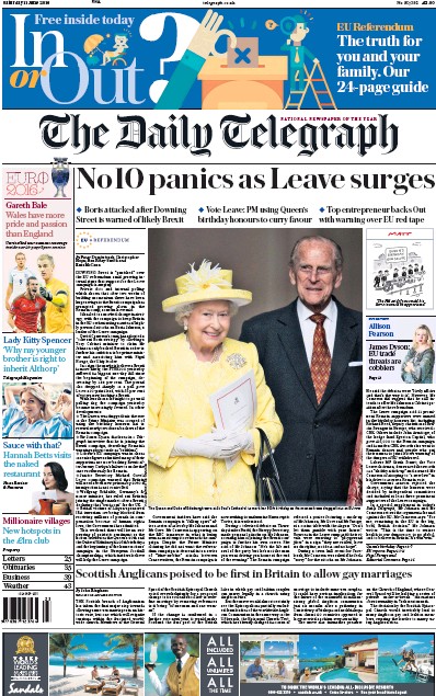 The Daily Telegraph Newspaper Front Page (UK) for 11 June 2016