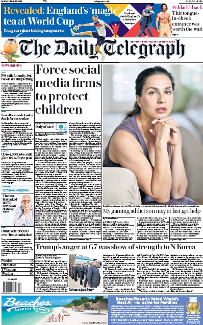 The Daily Telegraph Newspaper Front Page (UK) for 11 June 2018