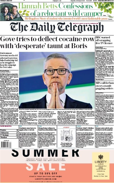 The Daily Telegraph Newspaper Front Page (UK) for 11 June 2019