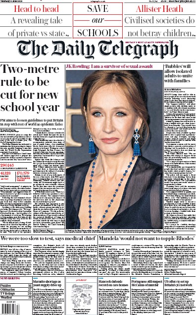 The Daily Telegraph Newspaper Front Page (UK) for 11 June 2020