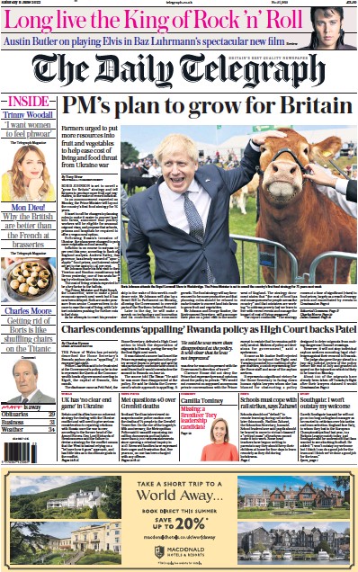 The Daily Telegraph Newspaper Front Page (UK) for 11 June 2022