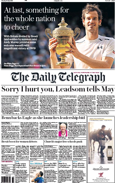 The Daily Telegraph Newspaper Front Page (UK) for 11 July 2016