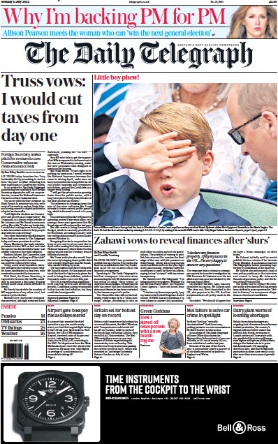 The Daily Telegraph Newspaper Front Page (UK) for 11 July 2022