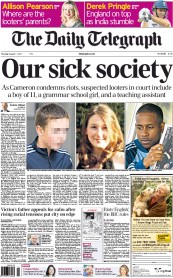 The Daily Telegraph Newspaper Front Page (UK) for 11 August 2011