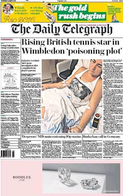 The Daily Telegraph Newspaper Front Page (UK) for 11 August 2016