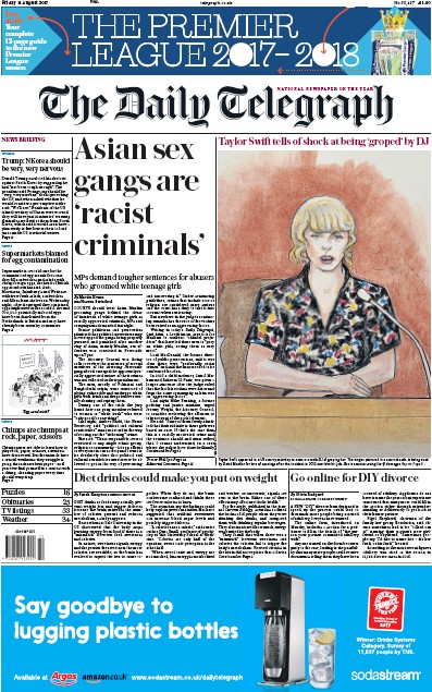 The Daily Telegraph Newspaper Front Page (UK) for 11 August 2017