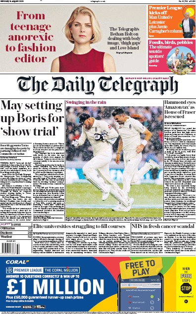 The Daily Telegraph Newspaper Front Page (UK) for 11 August 2018