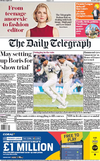 The Daily Telegraph Newspaper Front Page (UK) for 11 August 2018