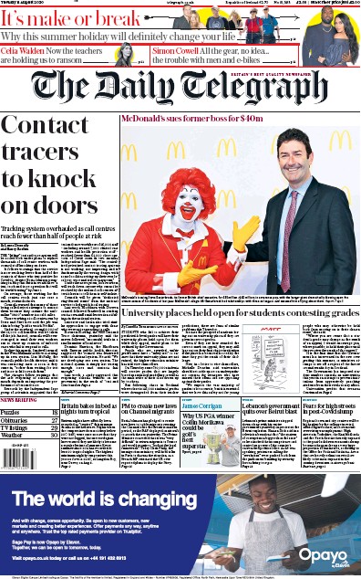 The Daily Telegraph Newspaper Front Page (UK) for 11 August 2020