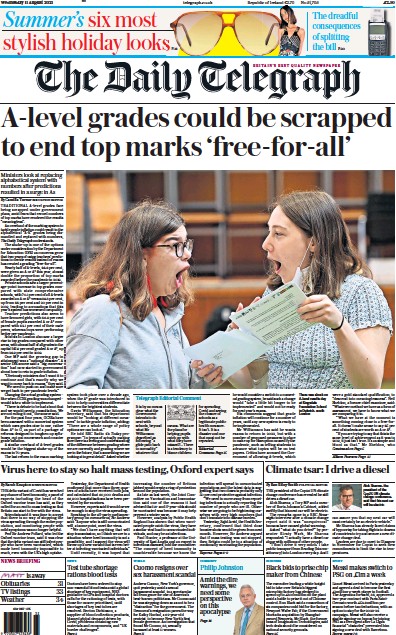 The Daily Telegraph Newspaper Front Page (UK) for 11 August 2021