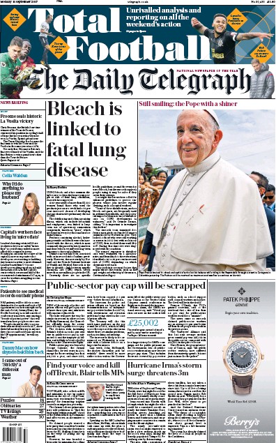 The Daily Telegraph Newspaper Front Page (UK) for 11 September 2017