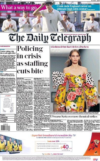 The Daily Telegraph Newspaper Front Page (UK) for 11 September 2018