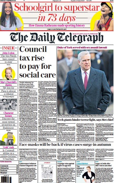 The Daily Telegraph Newspaper Front Page (UK) for 11 September 2021