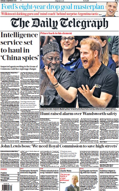 The Daily Telegraph Newspaper Front Page (UK) for 11 September 2023