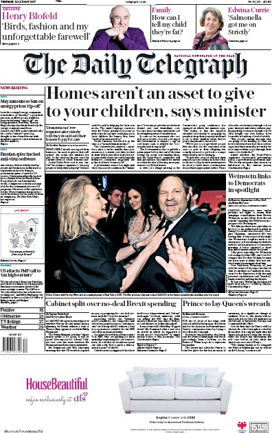The Daily Telegraph Newspaper Front Page (UK) for 12 October 2017