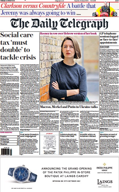 The Daily Telegraph Newspaper Front Page (UK) for 12 October 2021