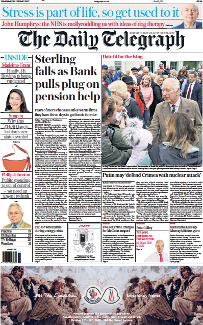 The Daily Telegraph Newspaper Front Page (UK) for 12 October 2022