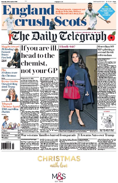 The Daily Telegraph Newspaper Front Page (UK) for 12 November 2016