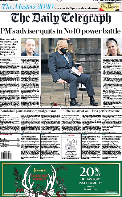 The Daily Telegraph Newspaper Front Page (UK) for 12 November 2020
