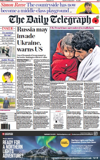 The Daily Telegraph Newspaper Front Page (UK) for 12 November 2021