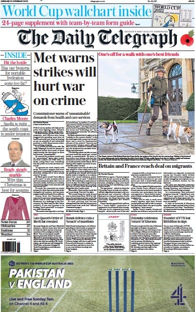 The Daily Telegraph Newspaper Front Page (UK) for 12 November 2022