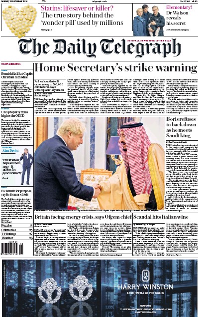 The Daily Telegraph Newspaper Front Page (UK) for 12 December 2016