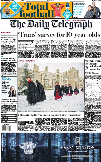The Daily Telegraph Newspaper Front Page (UK) for 12 December 2017
