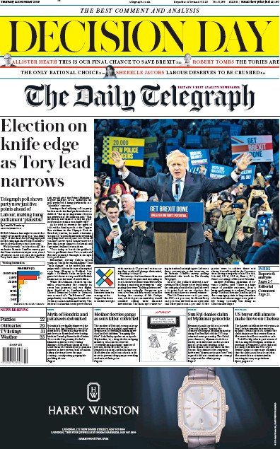 The Daily Telegraph Newspaper Front Page (UK) for 12 December 2019