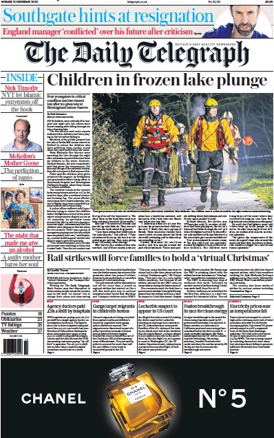 The Daily Telegraph Newspaper Front Page (UK) for 12 December 2022