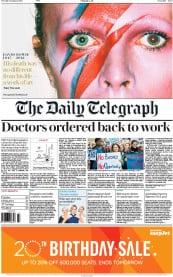The Daily Telegraph (UK) Newspaper Front Page for 12 January 2016