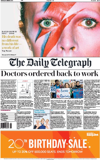 The Daily Telegraph Newspaper Front Page (UK) for 12 January 2016