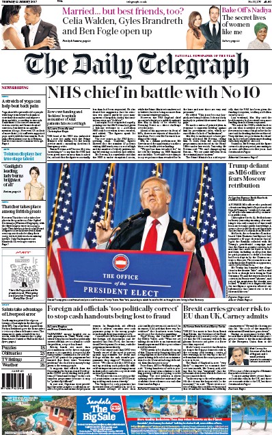 The Daily Telegraph Newspaper Front Page (UK) for 12 January 2017