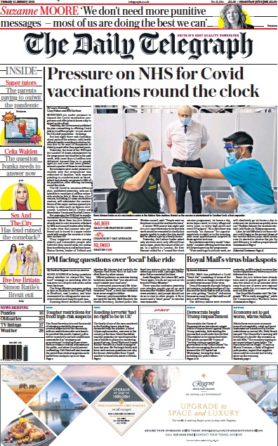 The Daily Telegraph Newspaper Front Page (UK) for 12 January 2021