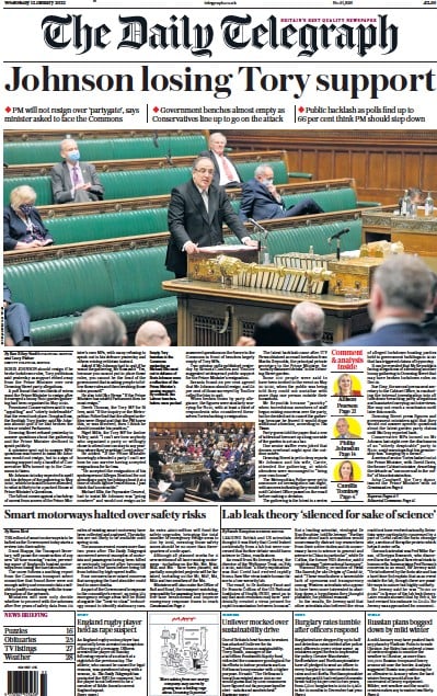 The Daily Telegraph Newspaper Front Page (UK) for 12 January 2022