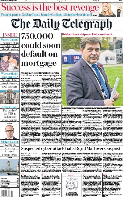 The Daily Telegraph Newspaper Front Page (UK) for 12 January 2023