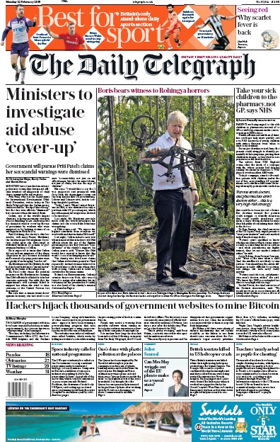 The Daily Telegraph Newspaper Front Page (UK) for 12 February 2018