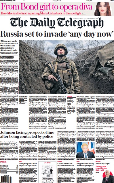 The Daily Telegraph Newspaper Front Page (UK) for 12 February 2022