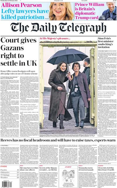 The Daily Telegraph Newspaper Front Page (UK) for 12 February 2025