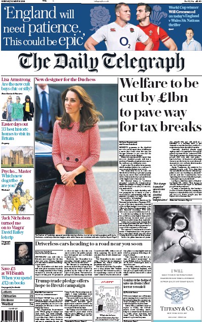The Daily Telegraph Newspaper Front Page (UK) for 12 March 2016